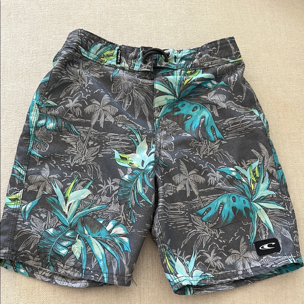 O'Neill Gray and Green Swim Trunks Tropical Design